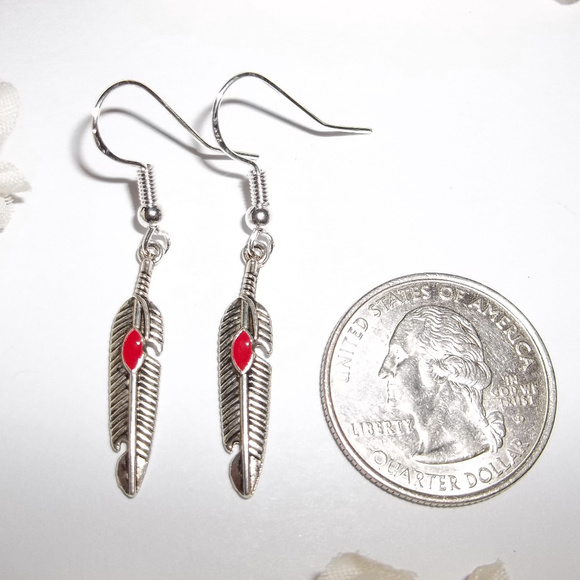 Silver & Red Earrings Southwestern Feather 4308 - Picture 2 of 6